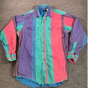 Vintage Wrangler Shirt Bushpopper Mens Western 17x35 Striped Purple Teal Pink